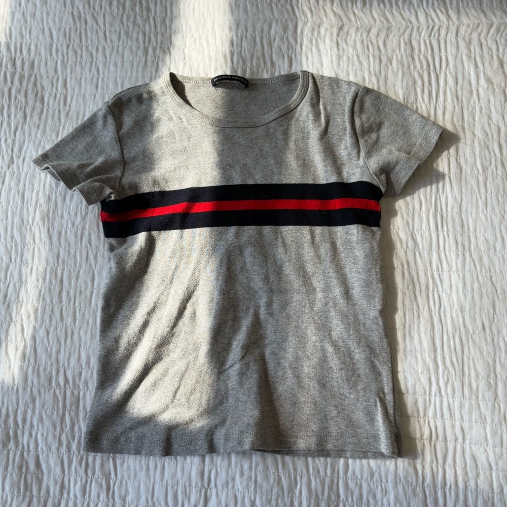 Brandy Melville Gray Tee with Red and Blue Stripes